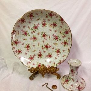 Vintage UCAGCO 2Pc Tier Serving Candy Dish White Pink Floral 3" Pedestal